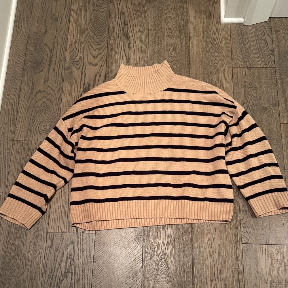 WeWoreWhat Tan and Black Striped Turtleneck Sweater